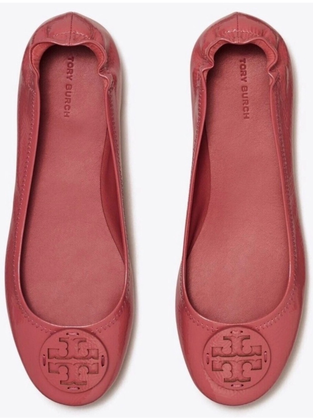 Tory Burch Minnie Patent Leather Washed Berry Foldable Logo Ballet Flats 8 $258
